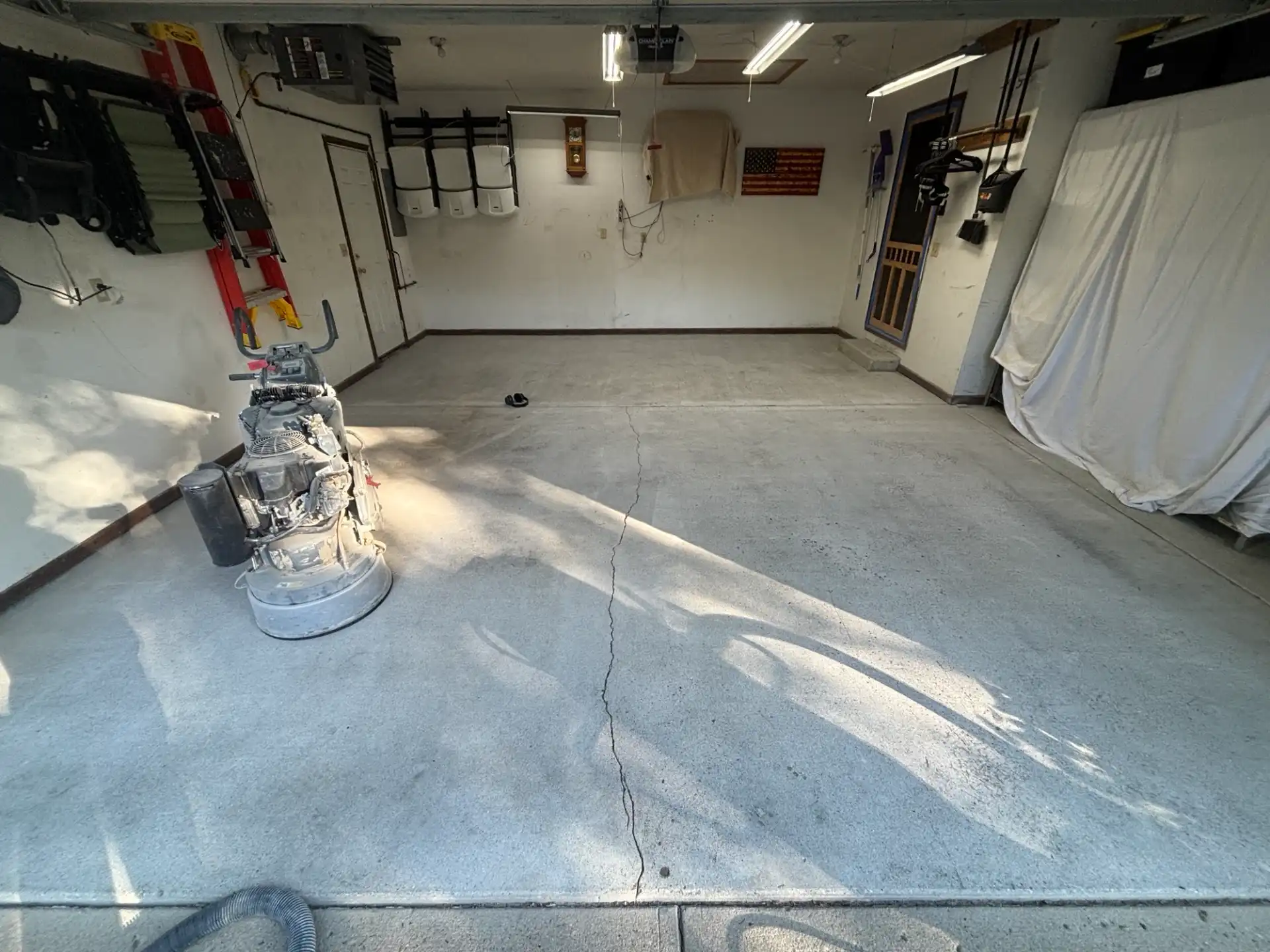 Garage concrete after diamond grinding with industrial floor grinder